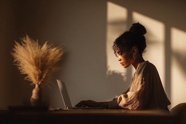 Market research professional working on laptop, representing Prophecius's dedicated approach to uncovering sector-specific insights for clients