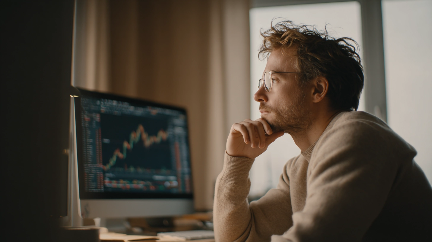 Cryptocurrency user analysing exchange platform charts on desktop monitor, reflecting the type of user interviewed during Prophecius's pan-European UX research study